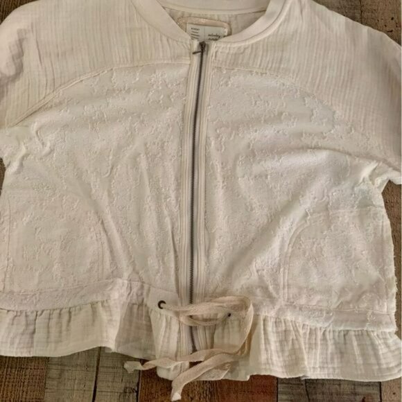 Anthropologie Saturday Sunday cream full zip ruffle bottom top with tie -S - Picture 8 of 8